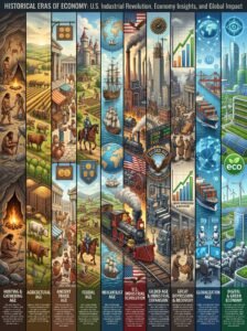Historical eras of economy featuring the U.S. Industrial Revolution, global trade evolution, digital economy, and economic transformation