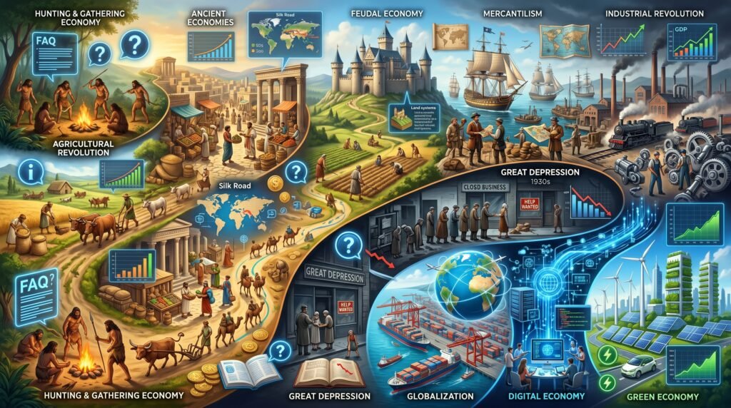 FAQs about the evolution of historical eras of economy, including U.S. economic transformation, global trade, and the impact of key economic periods.