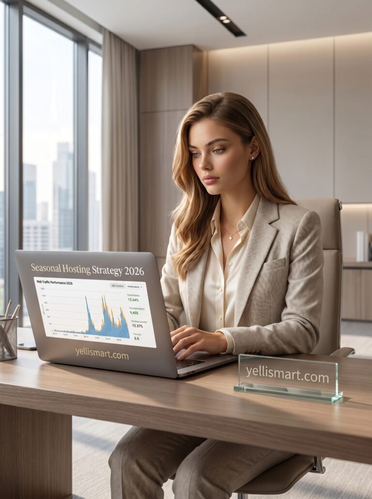 Seasonal hosting strategy 2026 guide showing website traffic spikes, cost savings with Hostinger, and global server locations across USA, UK, Europe, Asia, and Australia